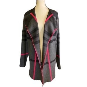 Alison Sheri Plaid Grey & Pink Open Front Knit Viscose Cardigan Sweater Size L
